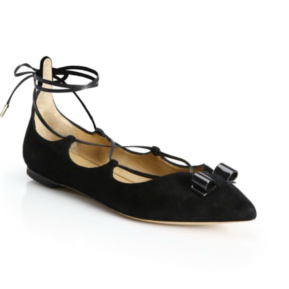 Salvatore Ferragamo Claire Black Suede Lace-Up Ballet Flats Genuine Leather 9.5